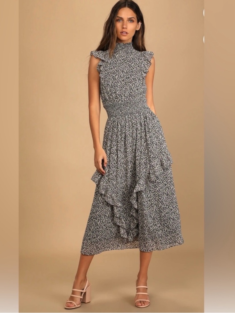 Lulus Evalina Black Floral Print Mock Neck Midi Dress- XL